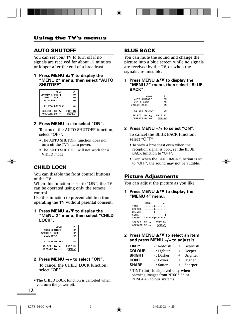 Auto shutoff, Child lock, Blue back | Picture adjustments, Using the tv’s menus | JVC AV-14FMT3 User Manual | Page 56 / 64