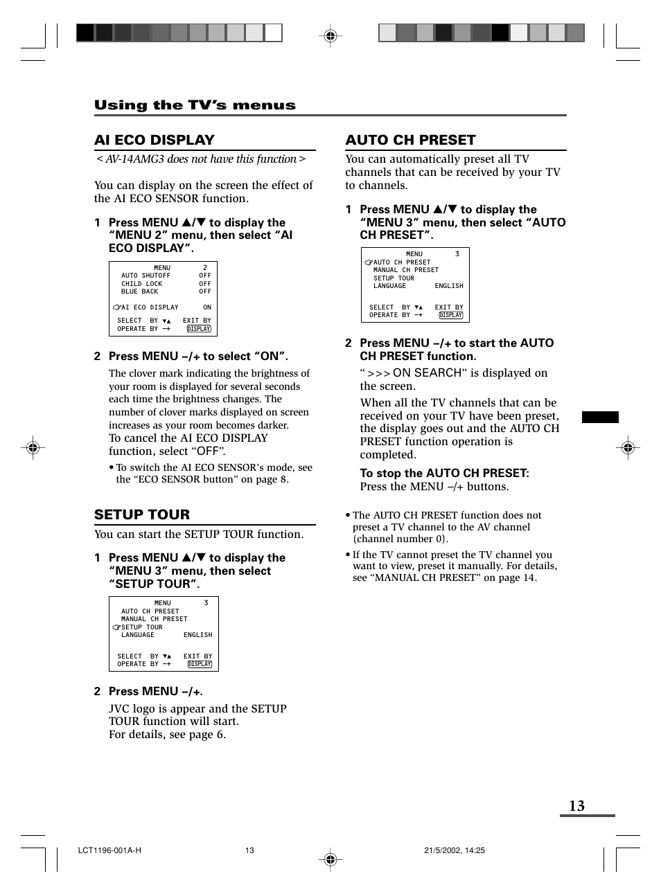 Ai eco display, Setup tour, Auto ch preset | Using the tv’s menus | JVC AV-14FMT3 User Manual | Page 57 / 64