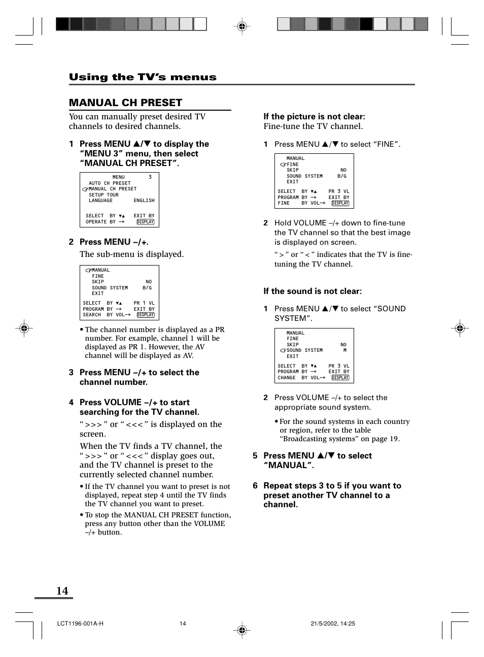 Manual ch preset, Using the tv’s menus | JVC AV-14FMT3 User Manual | Page 58 / 64