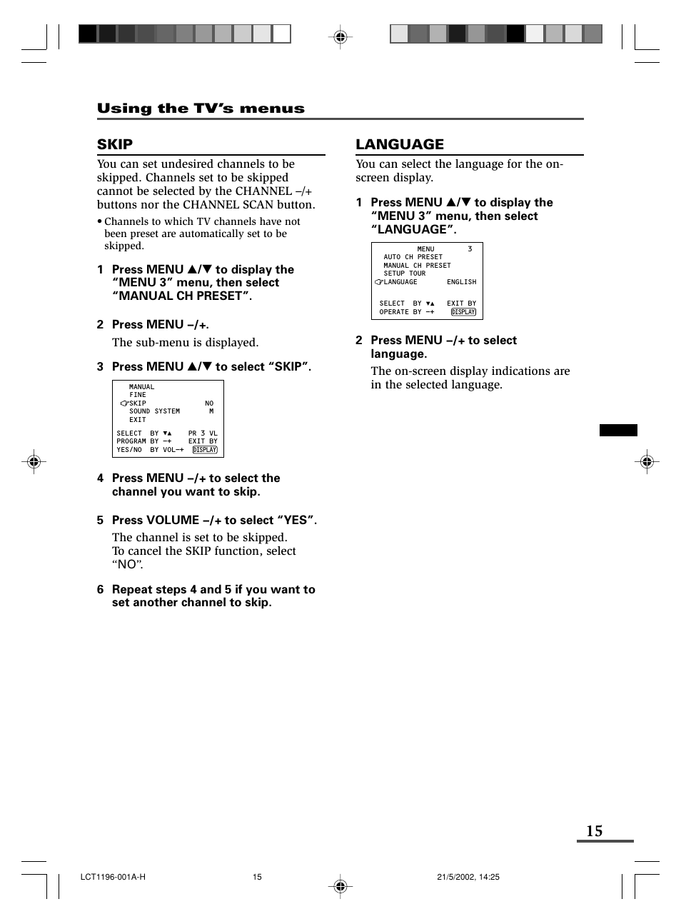 Skip, Language, Using the tv’s menus | JVC AV-14FMT3 User Manual | Page 59 / 64