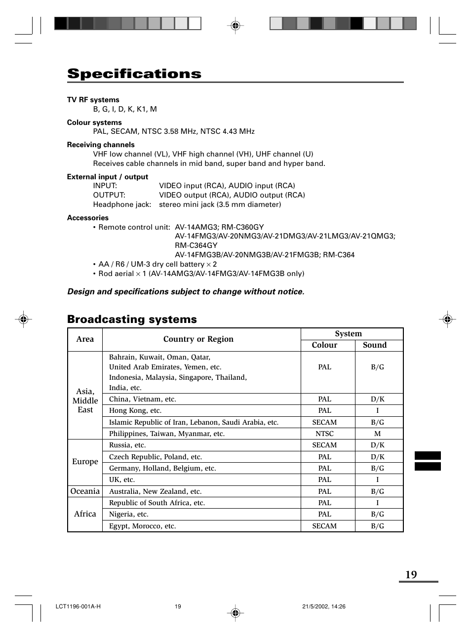 Specifications, Broadcasting systems | JVC AV-14FMT3 User Manual | Page 63 / 64