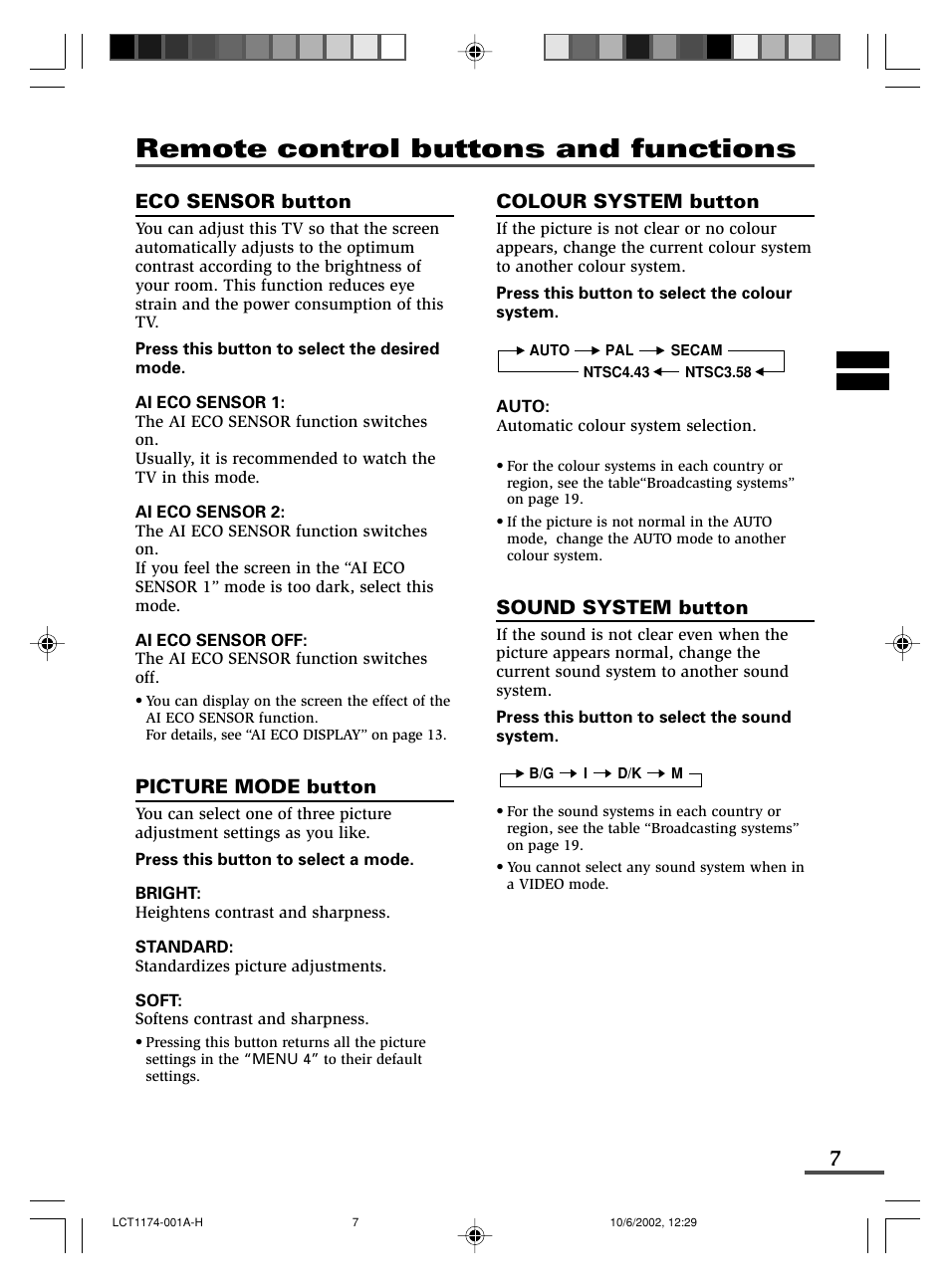 Remote control buttons and functions | JVC AV-14FMT3 User Manual | Page 7 / 64