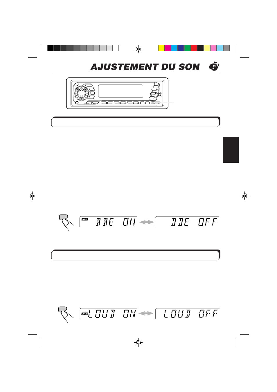 Ajustement du son, Mise en/hors service de la fonction bbe, Mise en/hors service de la fonction loudness | JVC KD-SX959R User Manual | Page 119 / 194