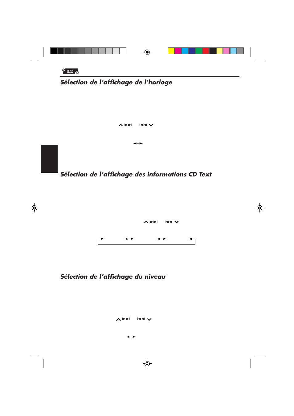 Sélection de l’affichage de l’horloge, Sélection de l’affichage des informations cd text, Sélection de l’affichage du niveau | JVC KD-SX959R User Manual | Page 126 / 194