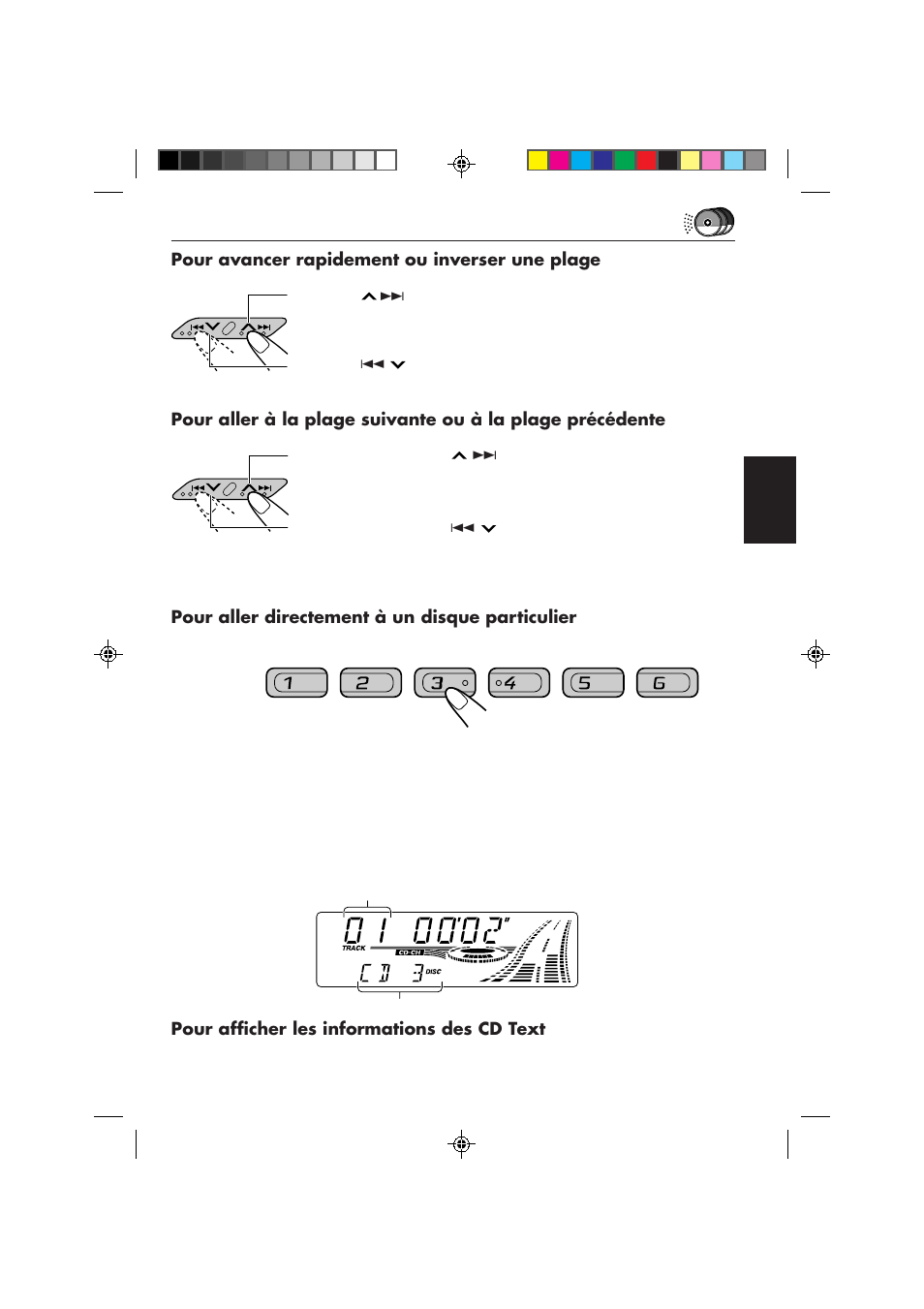 Pour avancer rapidement ou inverser une plage, Pour aller directement à un disque particulier, Pour afficher les informations des cd text | JVC KD-SX959R User Manual | Page 135 / 194