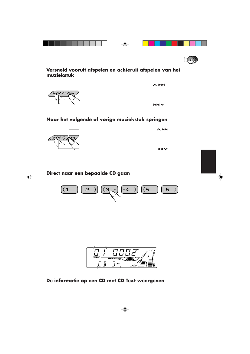 Naar het volgende of vorige muziekstuk springen, Direct naar een bepaalde cd gaan, De informatie op een cd met cd text weergeven | JVC KD-SX959R User Manual | Page 183 / 194