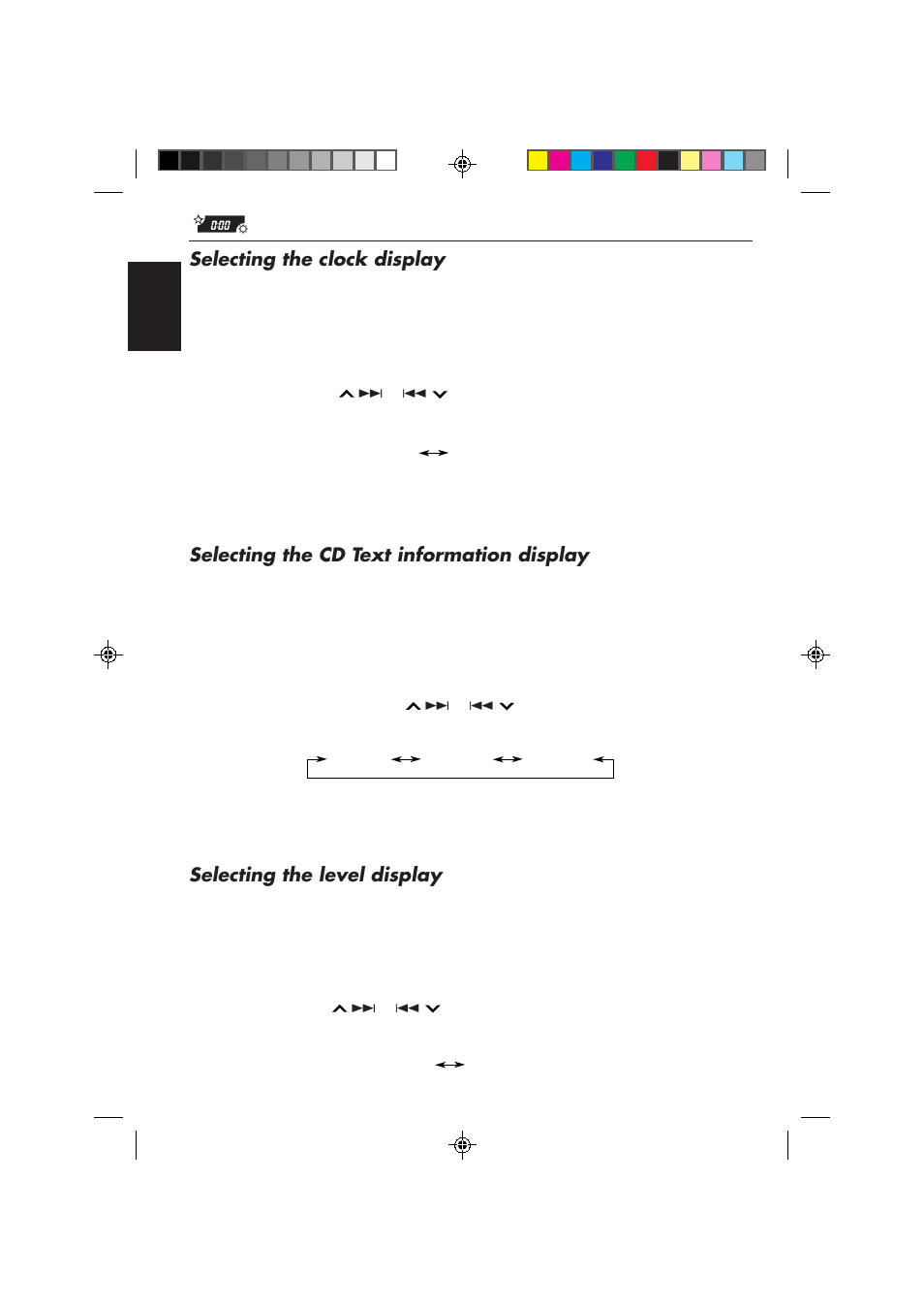 Selecting the clock display, Selecting the cd text information display, Selecting the level display | JVC KD-SX959R User Manual | Page 30 / 194