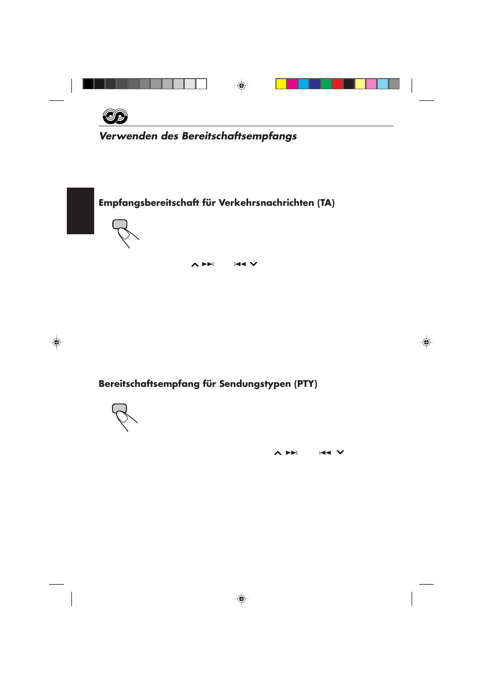Verwenden des bereitschaftsempfangs, Empfangsbereitschaft für verkehrsnachrichten (ta), Bereitschaftsempfang für sendungstypen (pty) | JVC KD-SX959R User Manual | Page 60 / 194