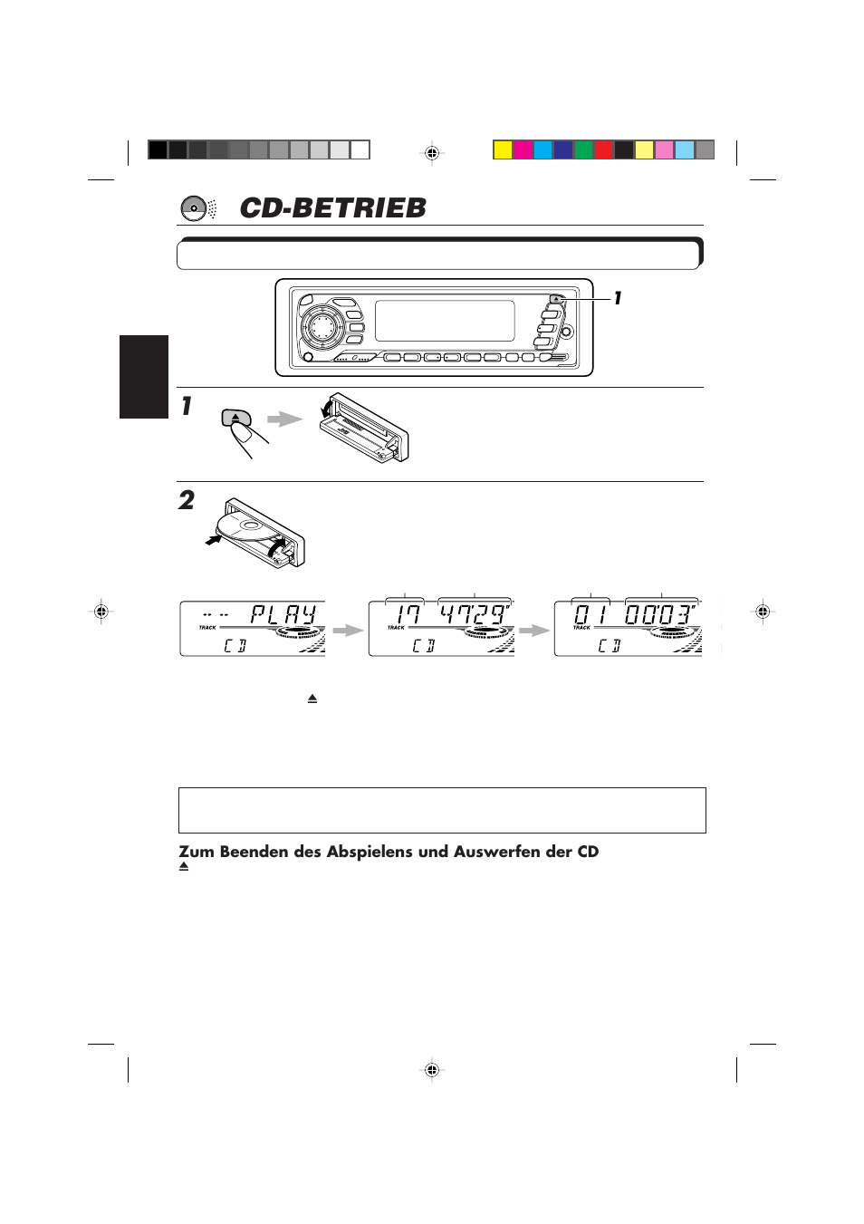 Cd-betrieb, Abspielen einer cd, Das bedienteil abklappen | Eine cd in den ladeschacht einschieben, Das bedienteil wieder von hand nach oben klappen | JVC KD-SX959R User Manual | Page 66 / 194
