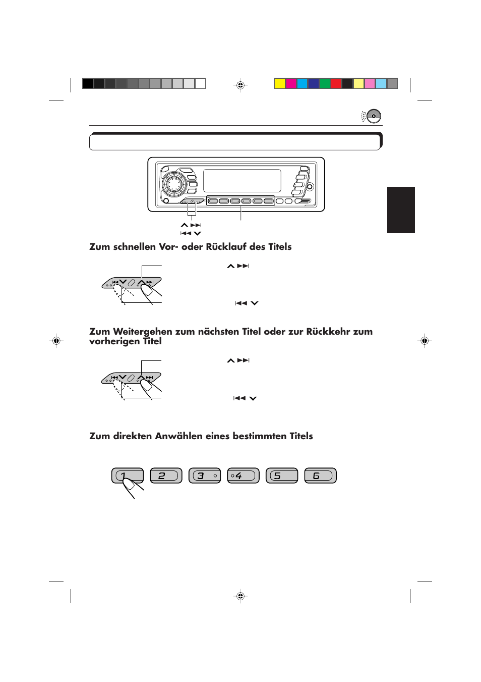 Zum schnellen vor- oder rücklauf des titels, Zum direkten anwählen eines bestimmten titels | JVC KD-SX959R User Manual | Page 67 / 194