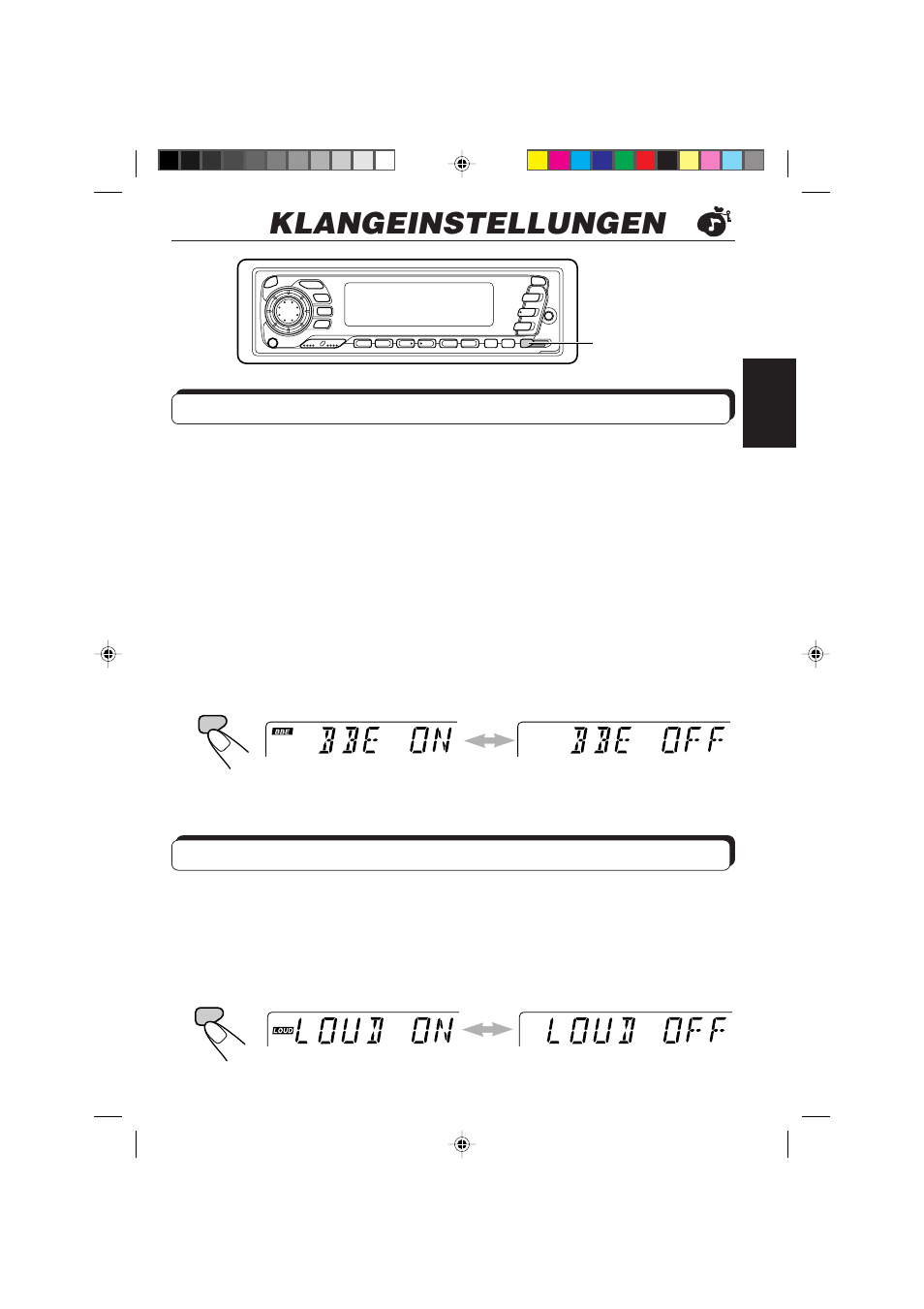 Klangeinstellungen, Ein- und ausschalten der bbe-funktion, Ein- und ausschalten der loudness-funktion | JVC KD-SX959R User Manual | Page 71 / 194