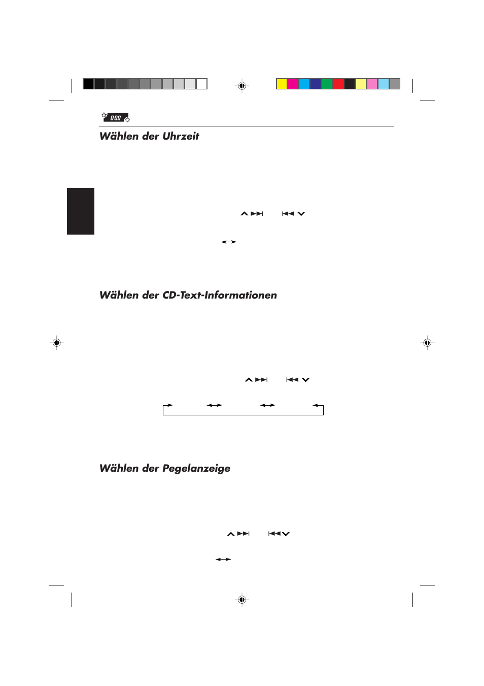 Wählen der uhrzeit, Wählen der cd-text-informationen, Wählen der pegelanzeige | JVC KD-SX959R User Manual | Page 78 / 194