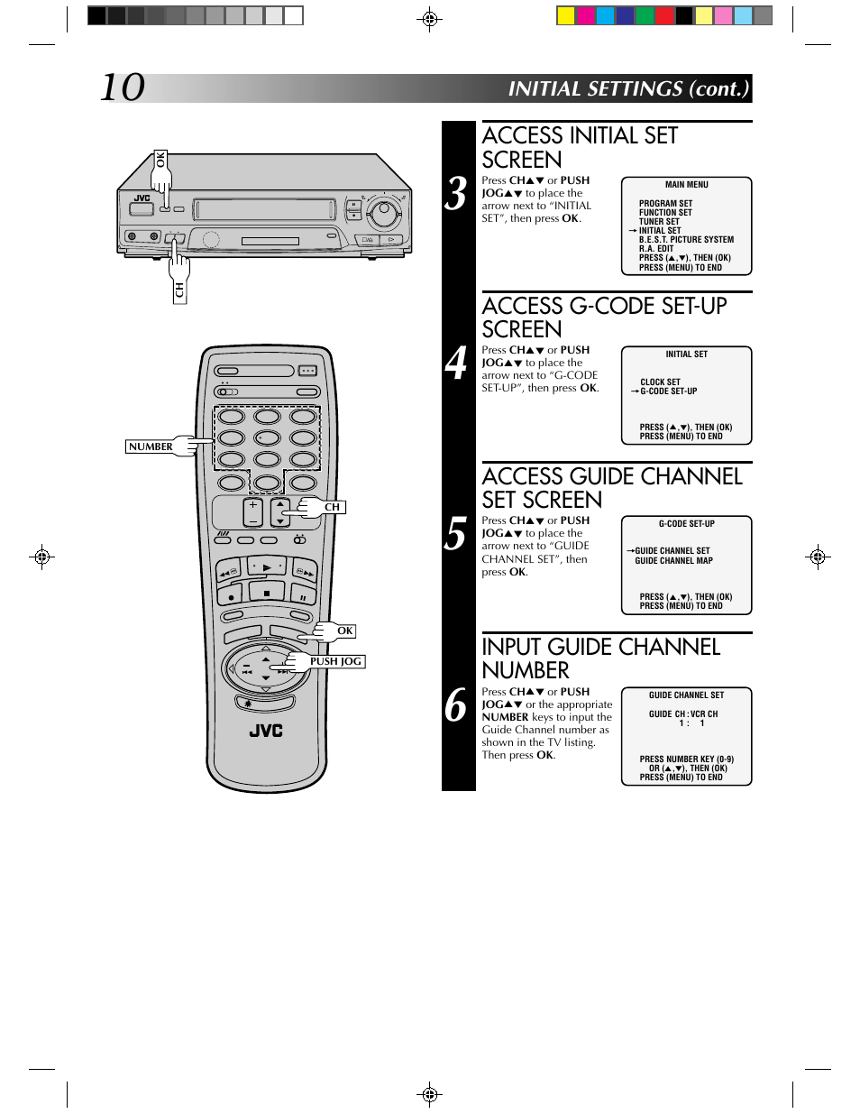 Access initial set screen, Access g-code set-up screen, Access guide channel set screen | Input guide channel number, Initial settings (cont.) | JVC HR-J430KR User Manual | Page 10 / 44