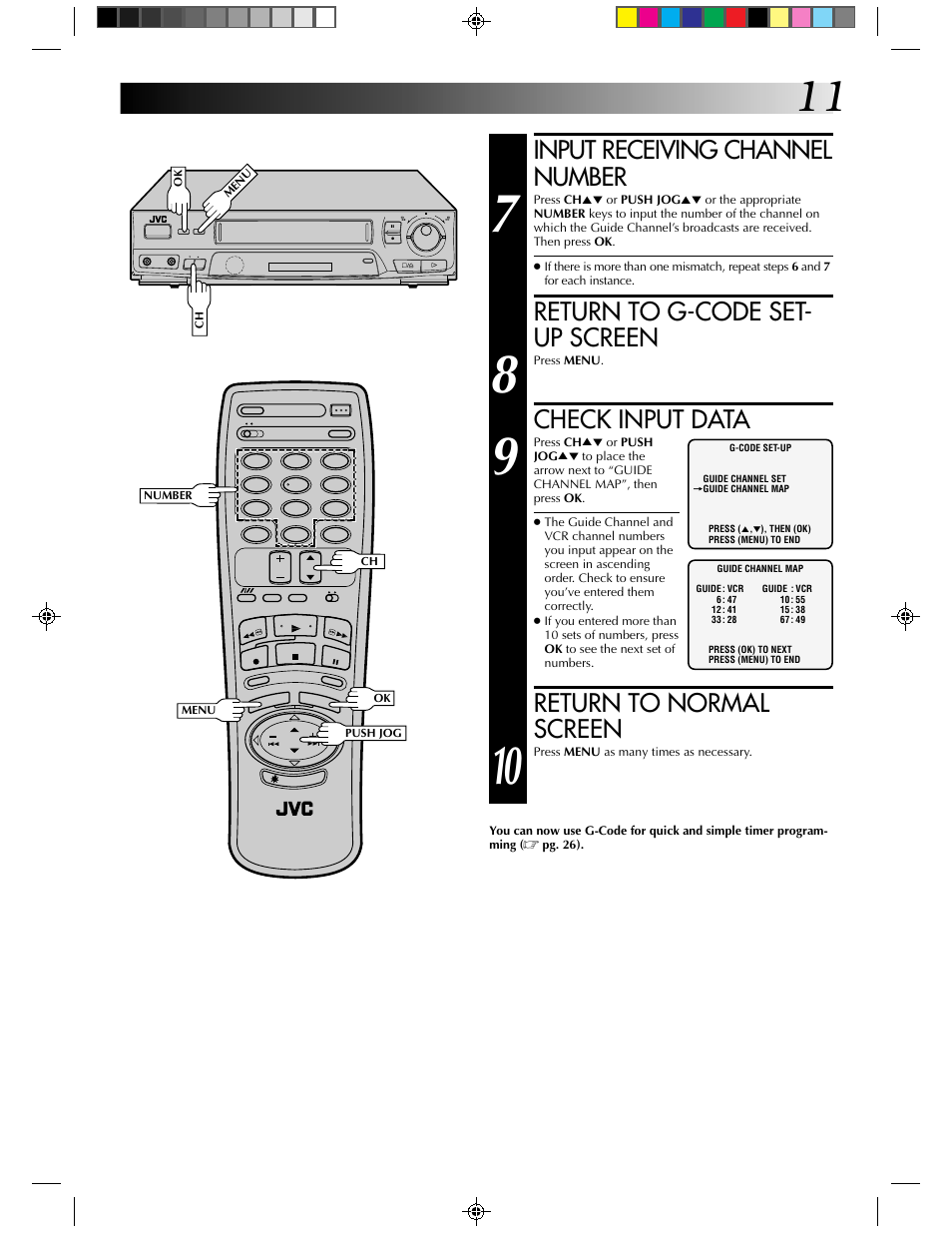 Input receiving channel number, Return to g-code set- up screen, Check input data | Return to normal screen | JVC HR-J430KR User Manual | Page 11 / 44