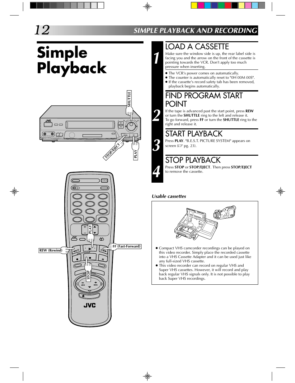 Simple playback, Load a cassette, Find program start point | Start playback, Stop playback, Simple playback and recording | JVC HR-J430KR User Manual | Page 12 / 44