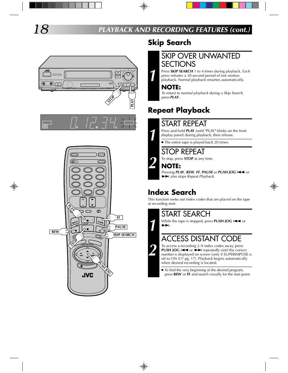 Start repeat, Stop repeat, Start search | Access distant code, Skip search repeat playback, Index search, Playback and recording features (cont.) | JVC HR-J430KR User Manual | Page 18 / 44