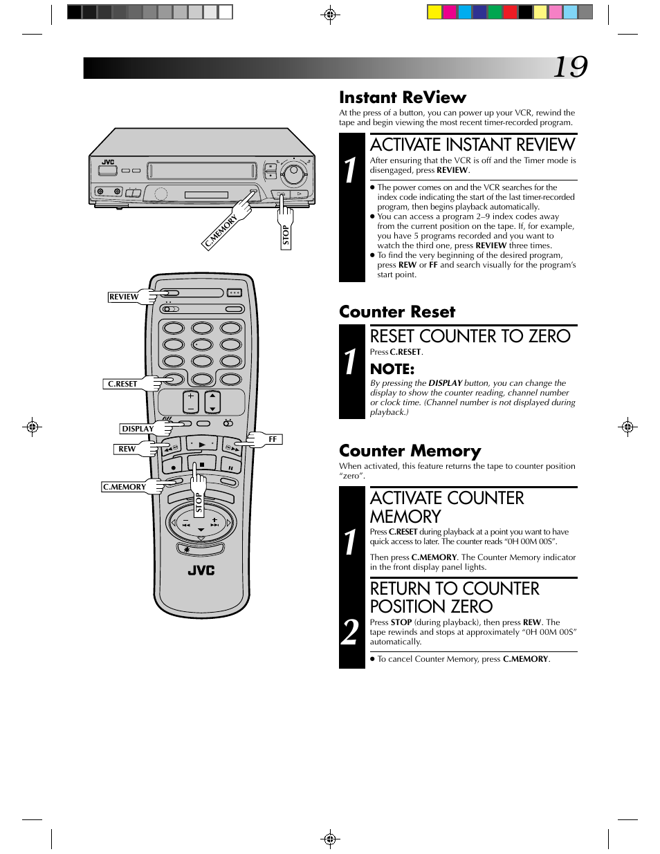 Activate instant review, Reset counter to zero, Return to counter position zero | Instant review, Counter reset | JVC HR-J430KR User Manual | Page 19 / 44