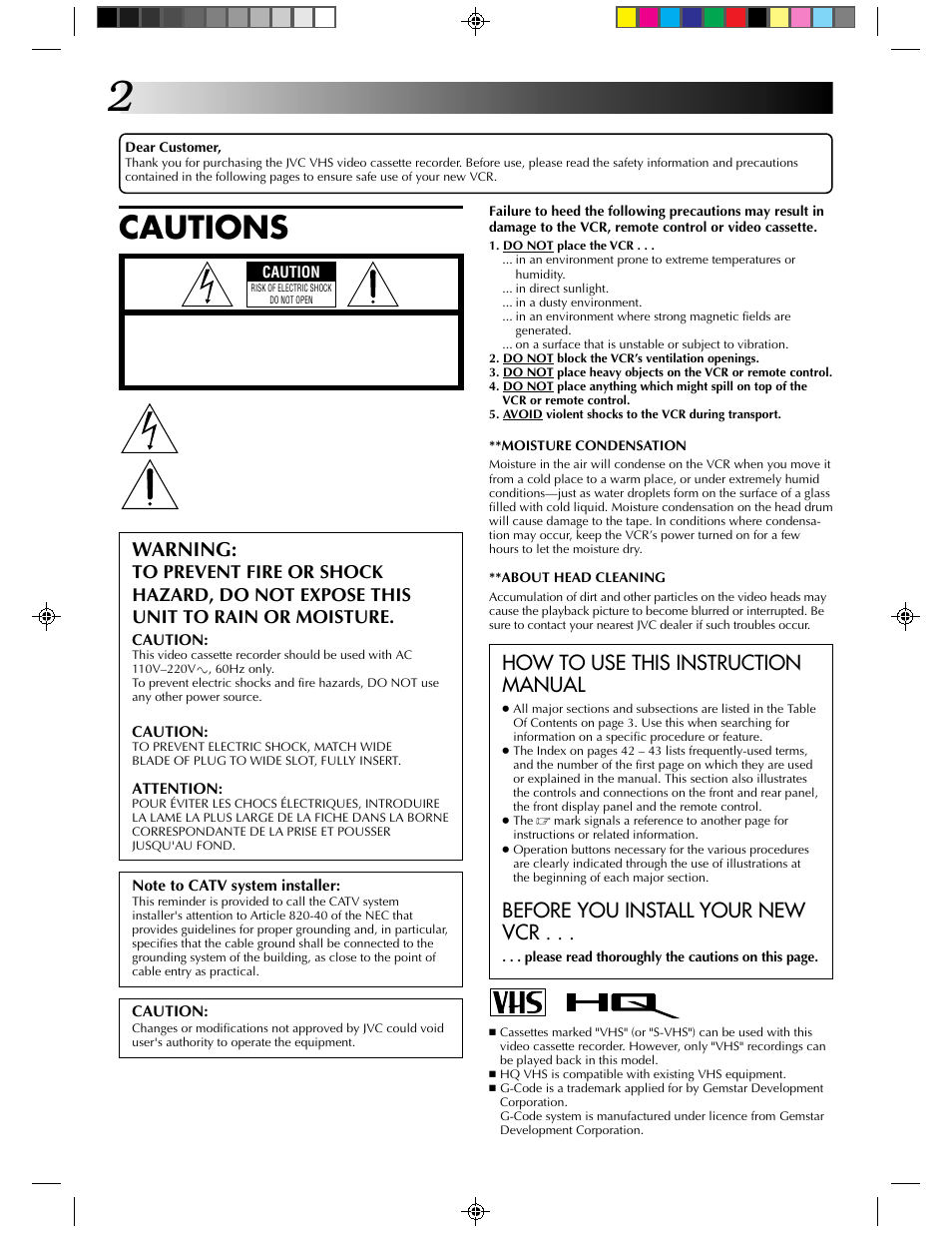 Cautions, Warning, How to use this instruction manual | Before you install your new vcr | JVC HR-J430KR User Manual | Page 2 / 44