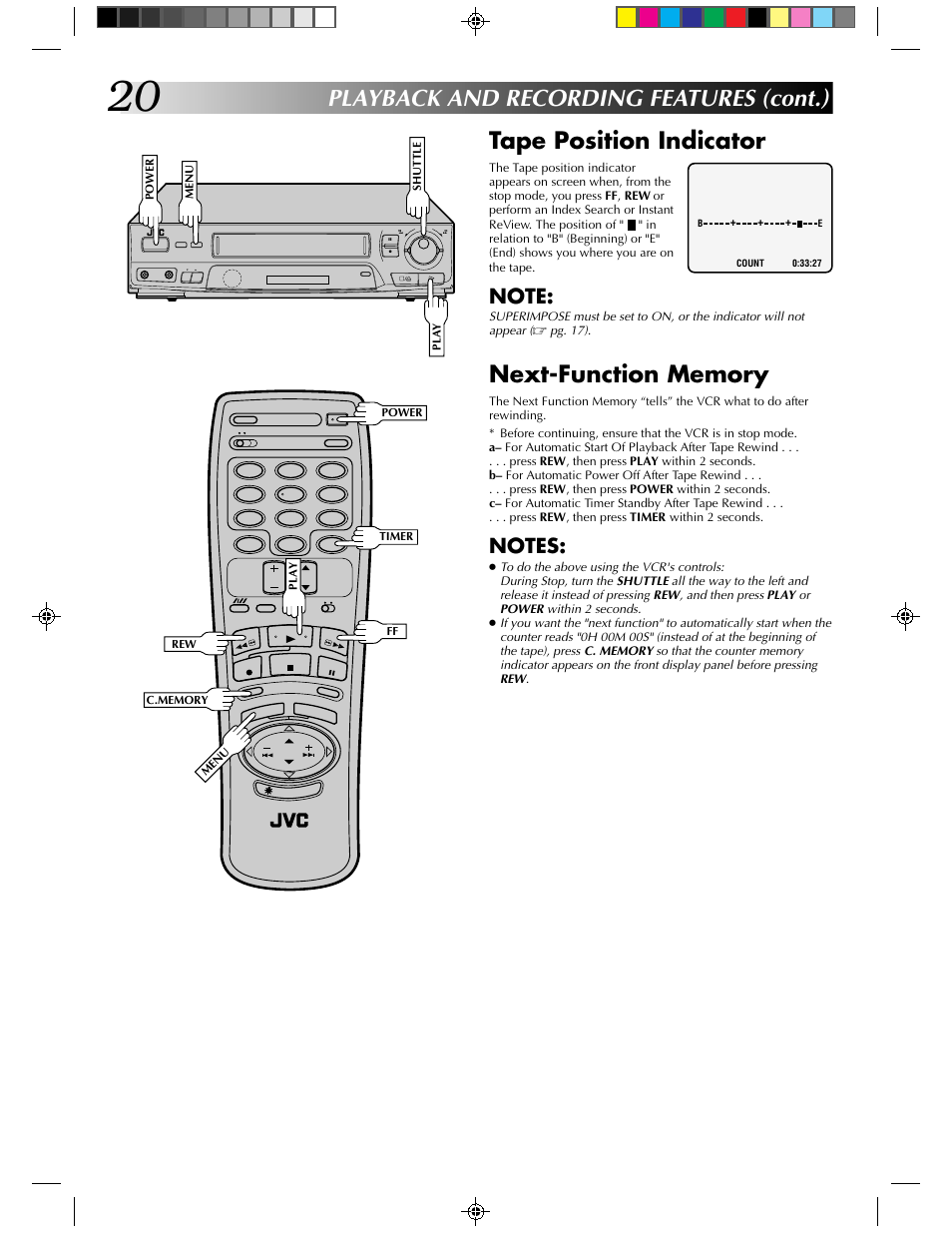 Tape position indicator, Playback and recording features (cont.) | JVC HR-J430KR User Manual | Page 20 / 44