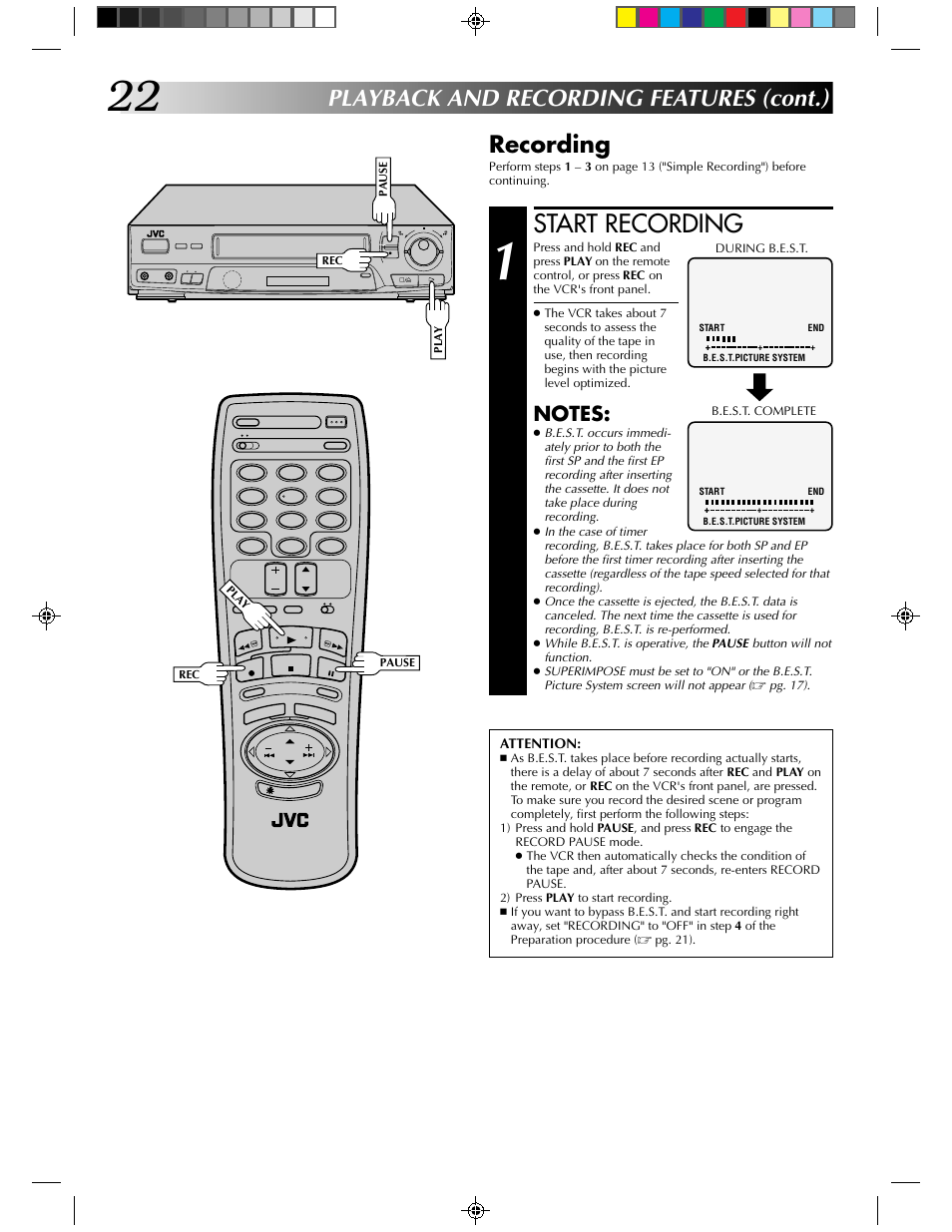 Start recording, Recording, Playback and recording features (cont.) | JVC HR-J430KR User Manual | Page 22 / 44