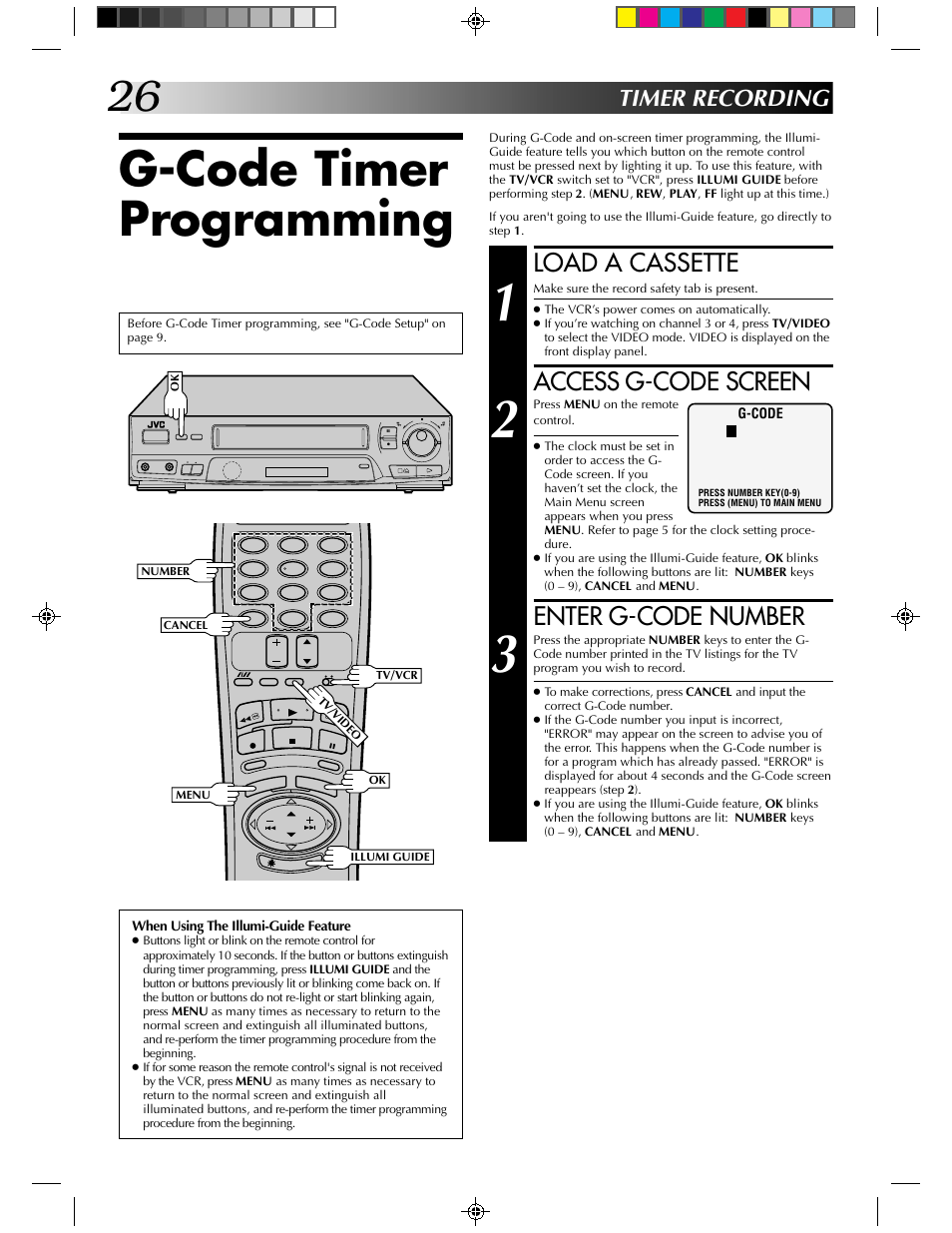 G-code timer programming, Load a cassette, Access g-code screen | Enter g-code number, Timer recording | JVC HR-J430KR User Manual | Page 26 / 44