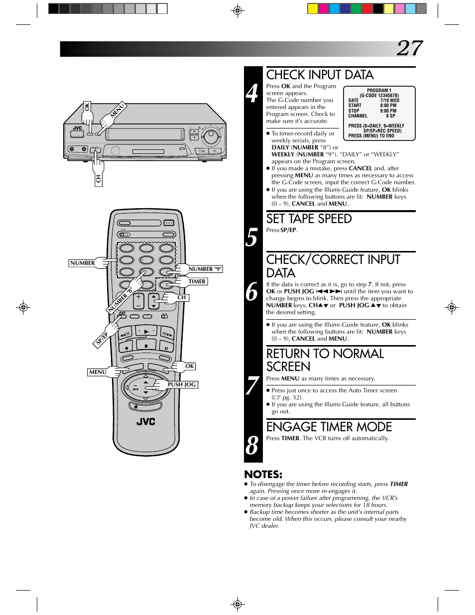 Check input data, Set tape speed, Check/correct input data | Return to normal screen, Engage timer mode | JVC HR-J430KR User Manual | Page 27 / 44