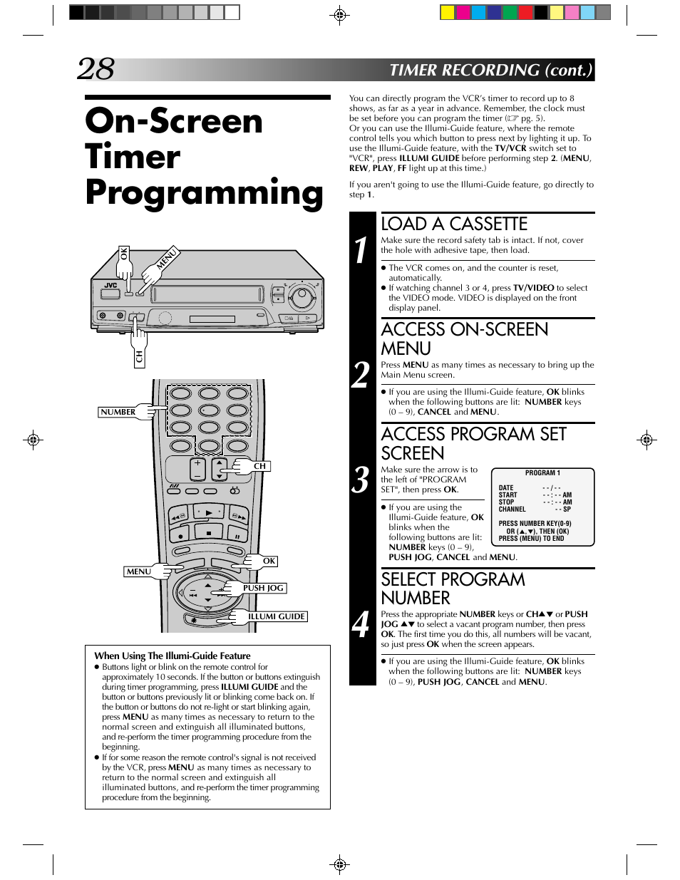 On-screen timer programming, Load a cassette, Access on-screen menu | Access program set screen, Select program number, Timer recording (cont.) | JVC HR-J430KR User Manual | Page 28 / 44