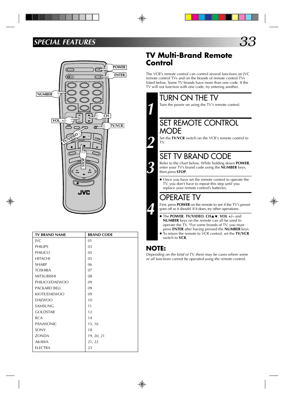 Turn on the tv, Set remote control mode, Set tv brand code | Operate tv, Special features tv multi-brand remote control | JVC HR-J430KR User Manual | Page 33 / 44