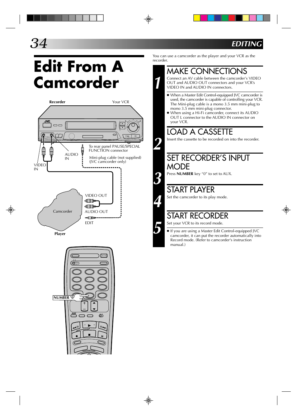 Edit from a camcorder, Make connections, Load a cassette | Set recorder’s input mode, Start player, Start recorder, Editing | JVC HR-J430KR User Manual | Page 34 / 44