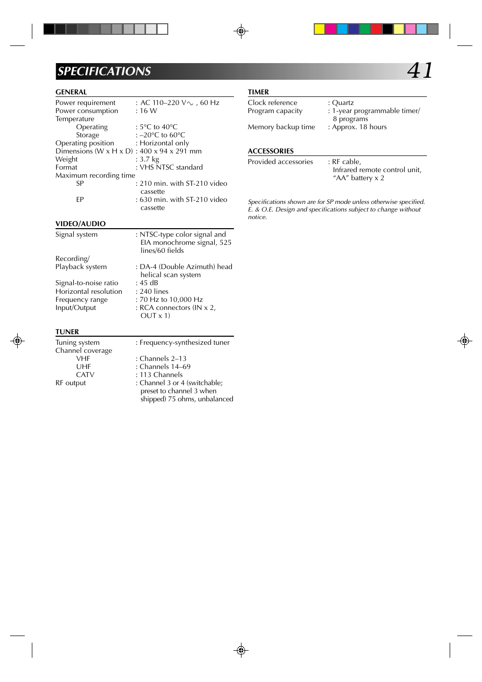 Specifications | JVC HR-J430KR User Manual | Page 41 / 44