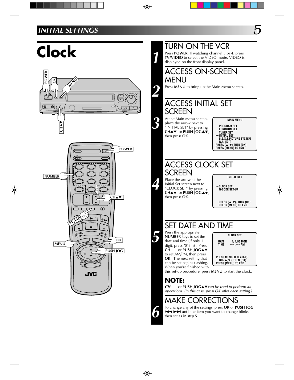 Clock, Turn on the vcr, Access on-screen menu | Access initial set screen, Access clock set screen, Set date and time, Make corrections, Initial settings | JVC HR-J430KR User Manual | Page 5 / 44