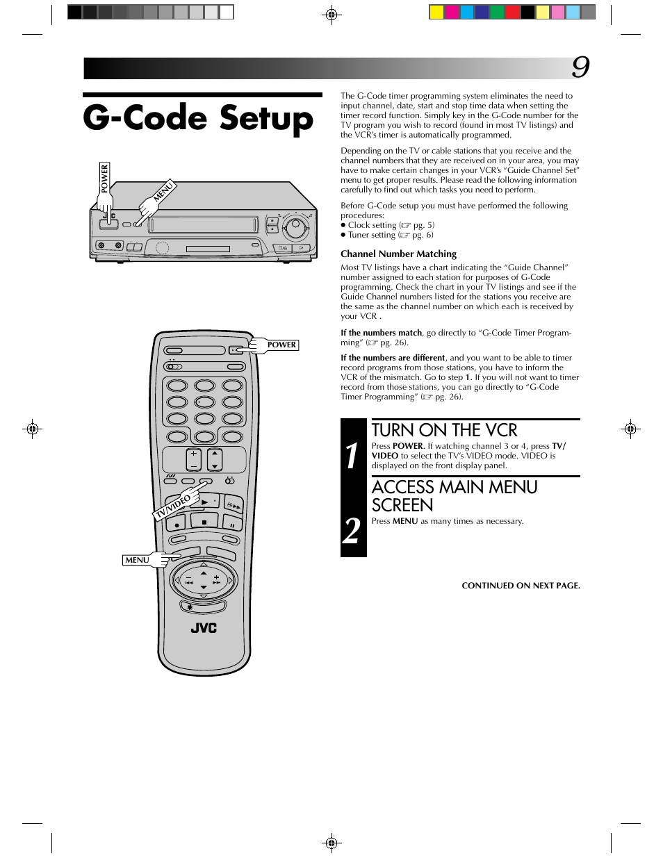 G-code setup, Turn on the vcr, Access main menu screen | JVC HR-J430KR User Manual | Page 9 / 44