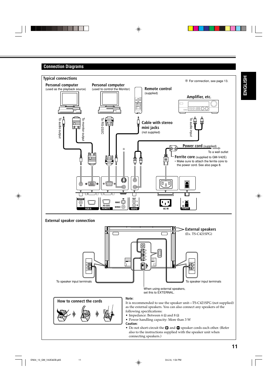 Connection diagrams, English, Typical connections personal computer | Personal computer, Cable with stereo mini jacks, Remote control, Amplifier, etc, External speaker connection external speakers, Power cord, How to connect the cords | JVC GM-V42EB User Manual | Page 12 / 44