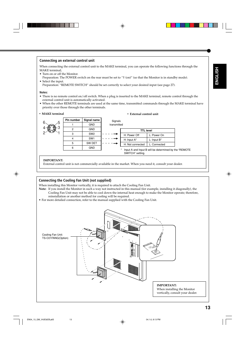 English, Connecting an external control unit, Connecting the cooling fan unit (not supplied) | JVC GM-V42EB User Manual | Page 14 / 44