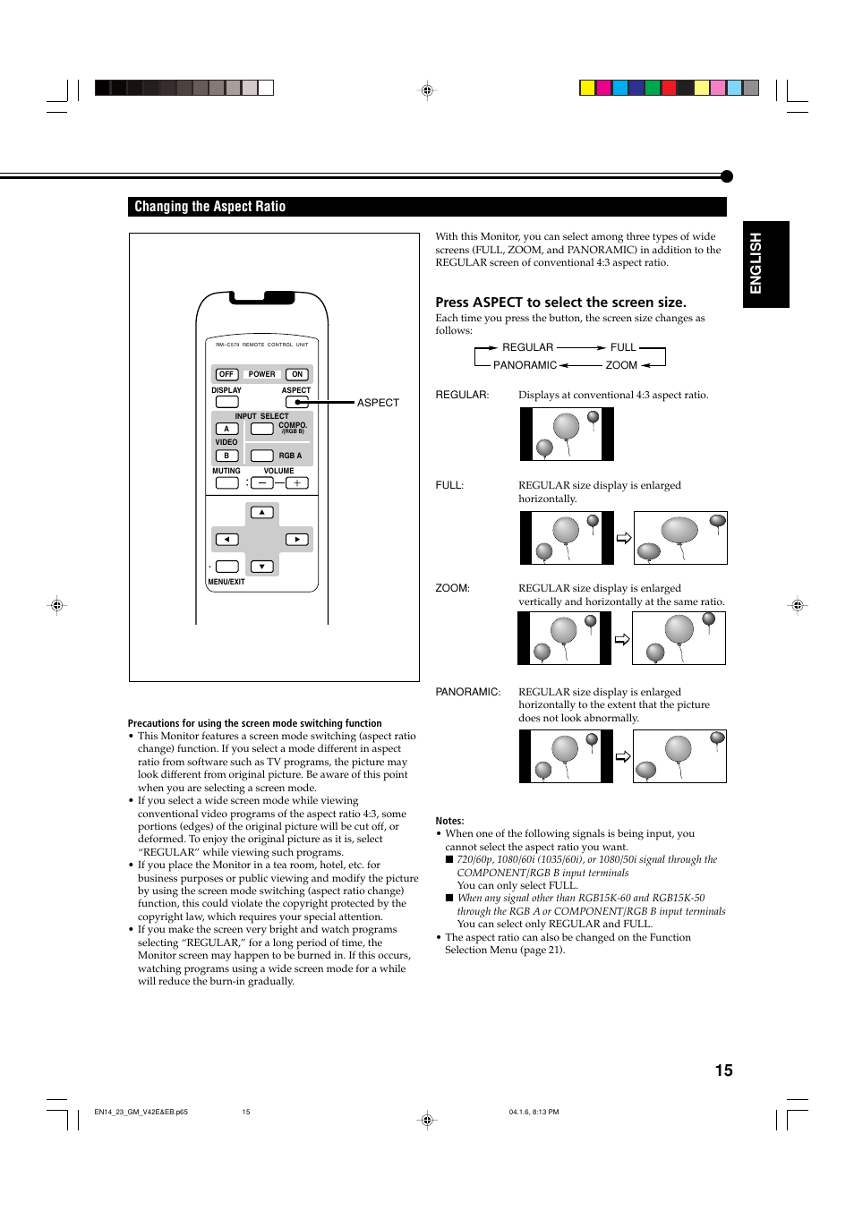 Changing the aspect ratio, English changing the aspect ratio, Press aspect to select the screen size | JVC GM-V42EB User Manual | Page 16 / 44