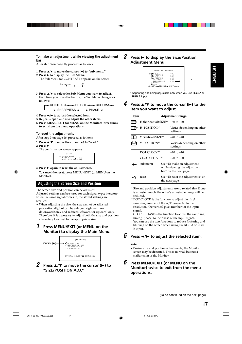 Adjusting the screen size and position, English, Press 2 / 3 to adjust the selected item | JVC GM-V42EB User Manual | Page 18 / 44
