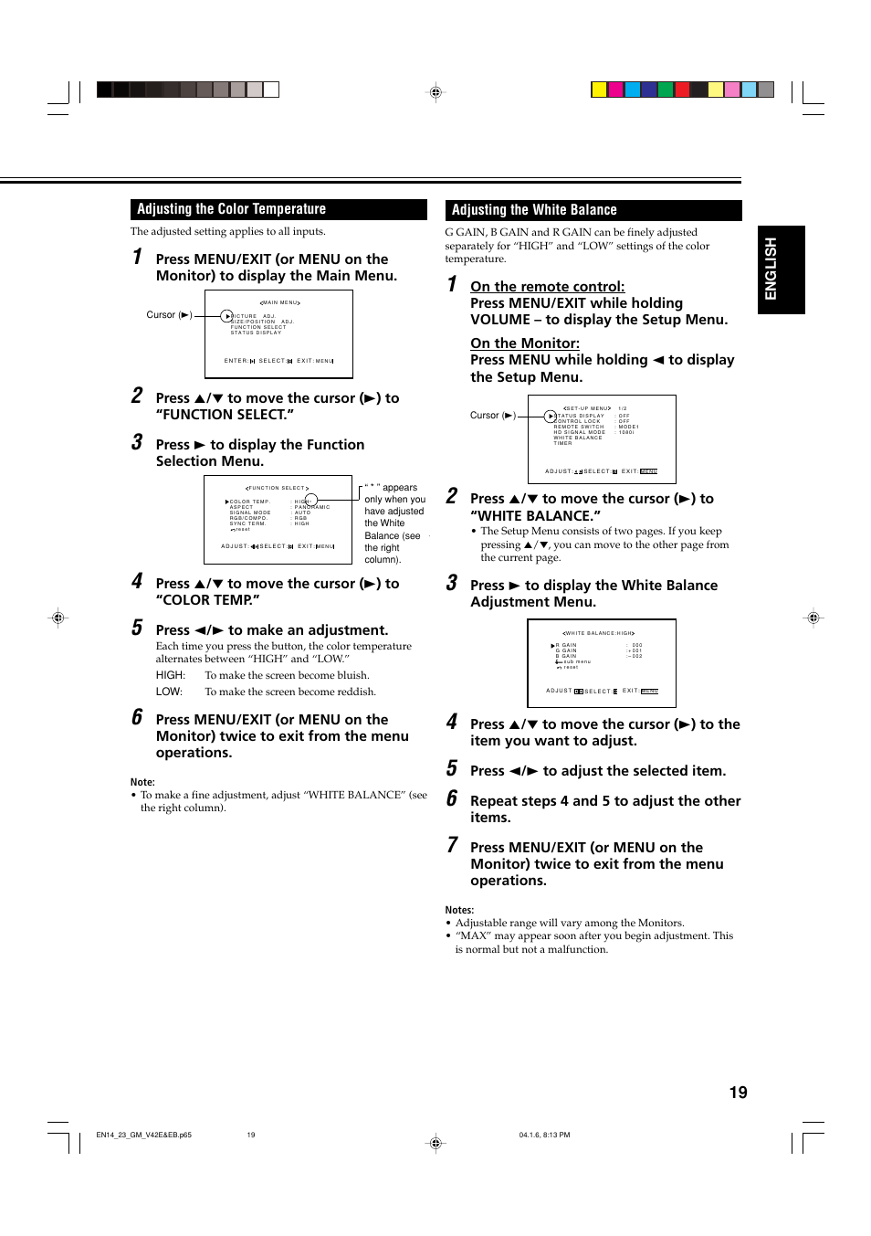 Adjusting the color temperature, Adjusting the white balance | JVC GM-V42EB User Manual | Page 20 / 44