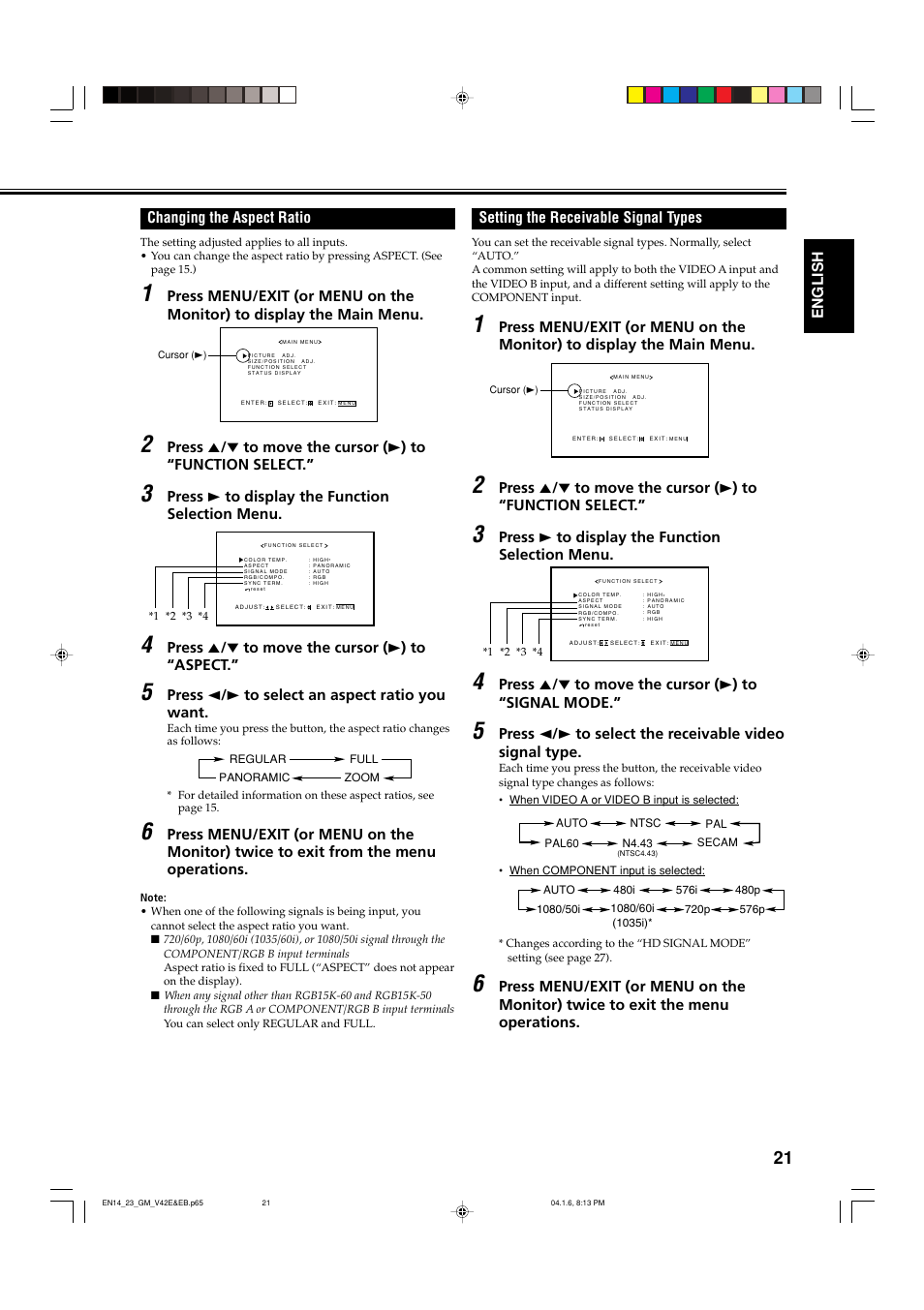 Changing the aspect ratio, Setting the receivable signal types | JVC GM-V42EB User Manual | Page 22 / 44