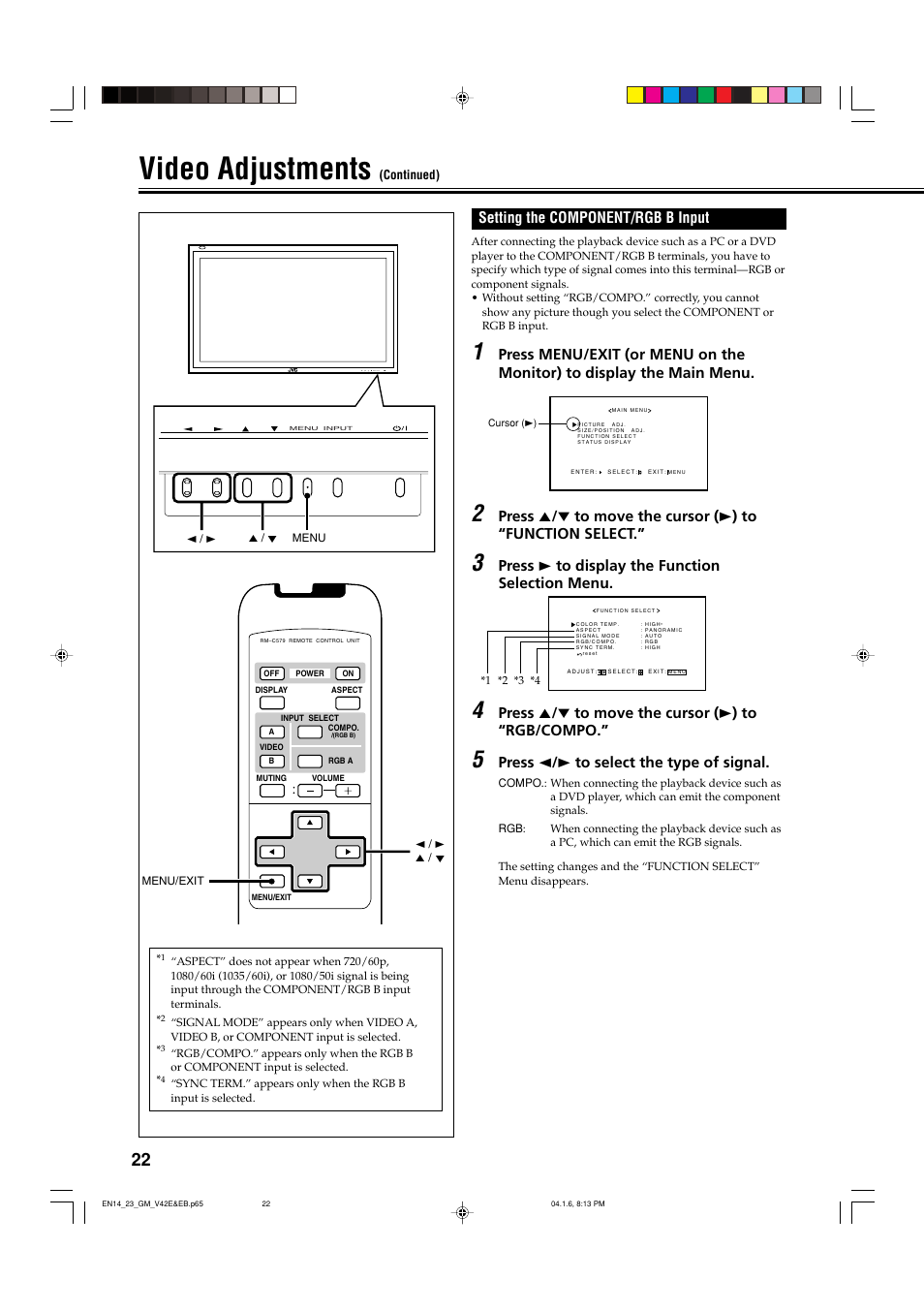 Setting the component/rgb b input, Video adjustments, Press 3 to display the function selection menu | Press 5 / ∞ to move the cursor ( 3 ) to “rgb/compo, Press 2 / 3 to select the type of signal | JVC GM-V42EB User Manual | Page 23 / 44