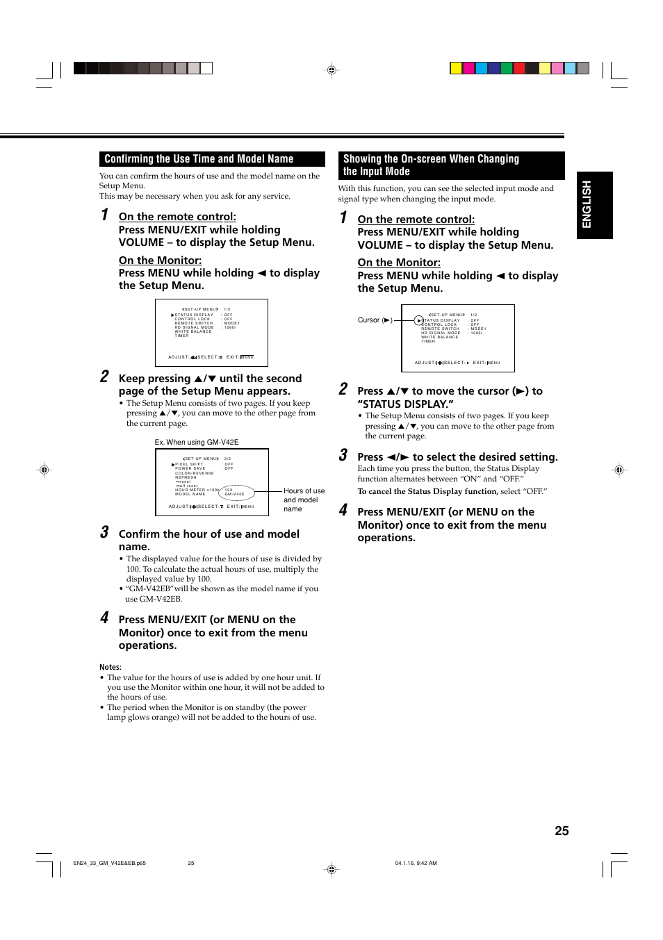 Confirming the use time and model name, Showing the on-screen when changing the input mode | JVC GM-V42EB User Manual | Page 26 / 44