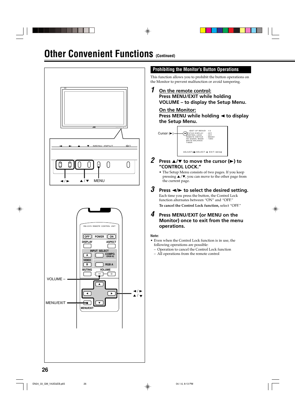Prohibiting the monitor’s button operations, Other convenient functions, Press 2 / 3 to select the desired setting | JVC GM-V42EB User Manual | Page 27 / 44