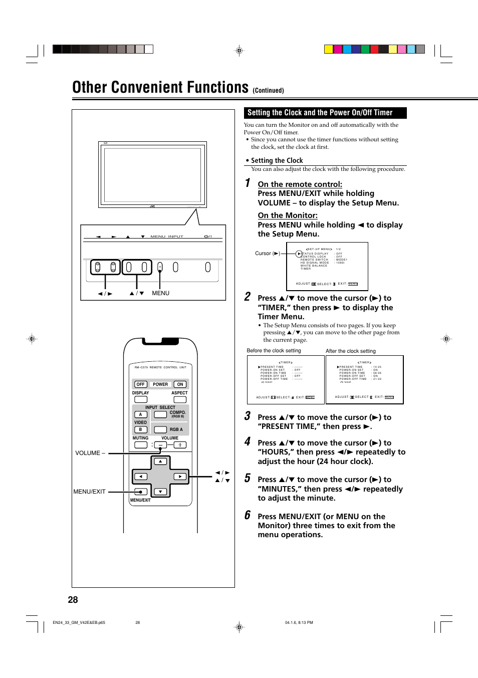 Setting the clock and the power on/off timer, Other convenient functions | JVC GM-V42EB User Manual | Page 29 / 44