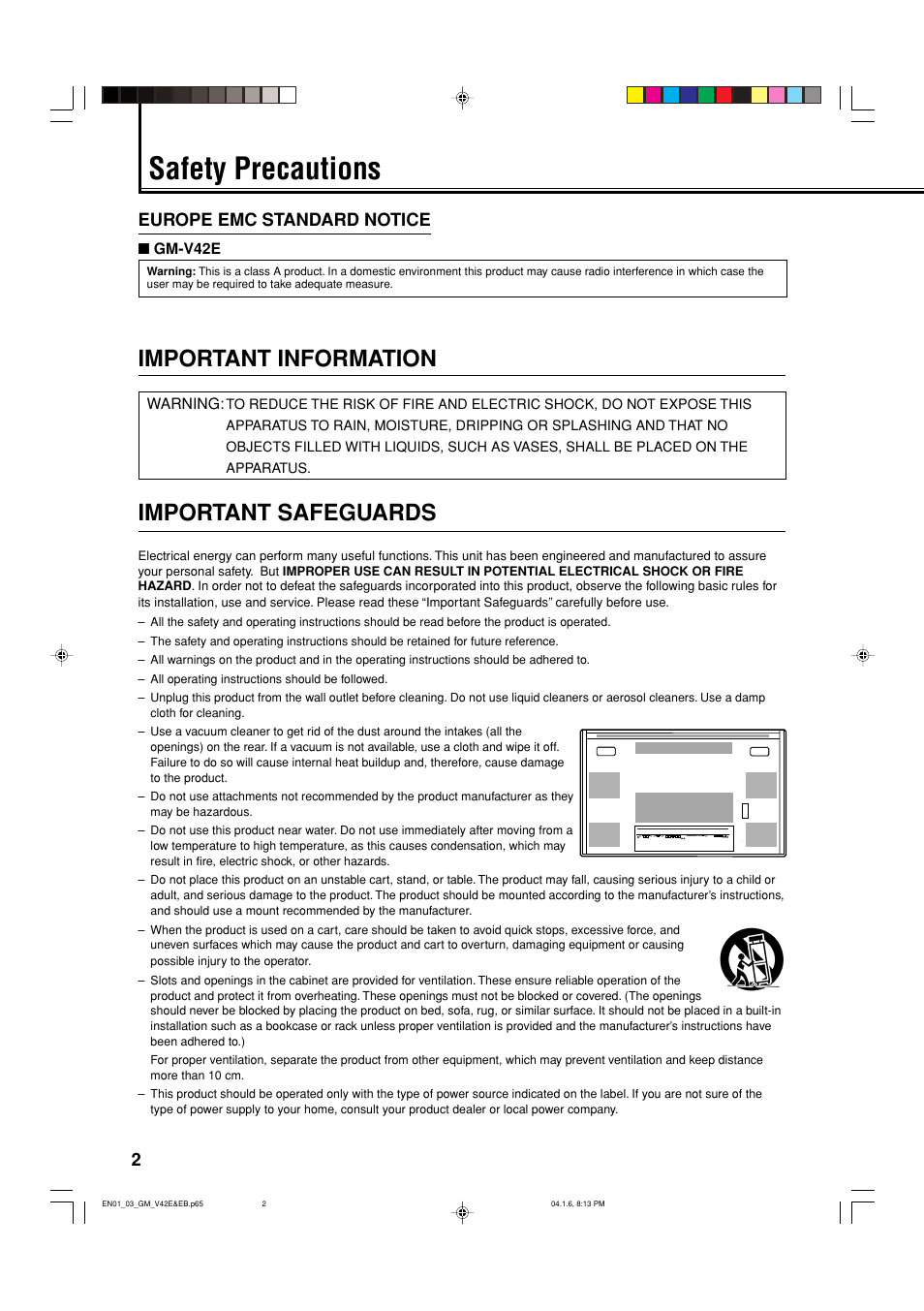 Safety precautions, Important information, Important safeguards | 2europe emc standard notice | JVC GM-V42EB User Manual | Page 3 / 44