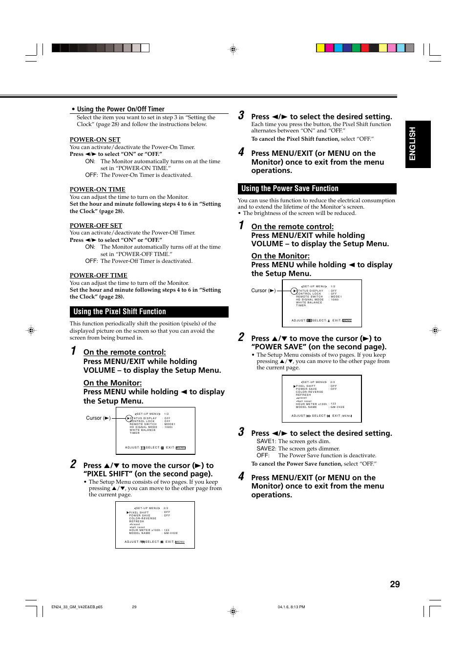 Using the pixel shift function, Using the power save function, English | Press 2 / 3 to select the desired setting | JVC GM-V42EB User Manual | Page 30 / 44
