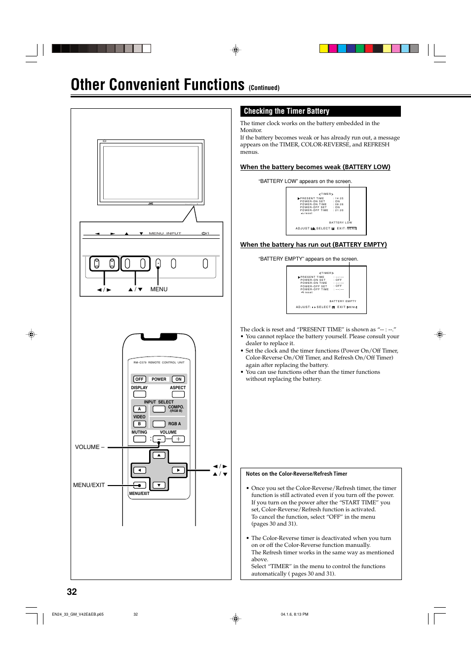 Checking the timer battery, Other convenient functions, Menu input | When the battery becomes weak (battery low), When the battery has run out (battery empty), Continued) | JVC GM-V42EB User Manual | Page 33 / 44
