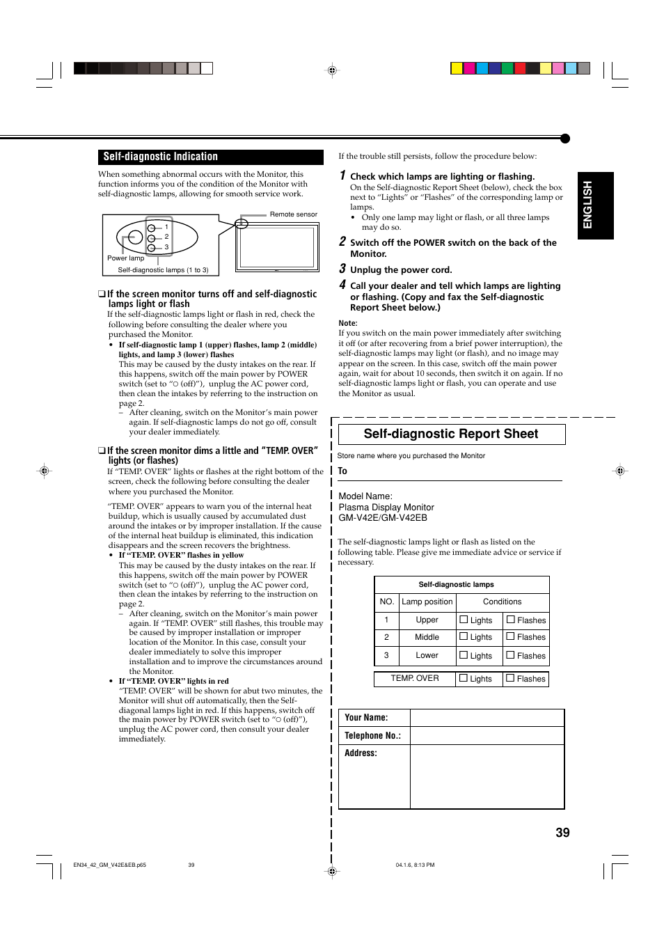 Self-diagnostic indication, Self-diagnostic report sheet | JVC GM-V42EB User Manual | Page 40 / 44