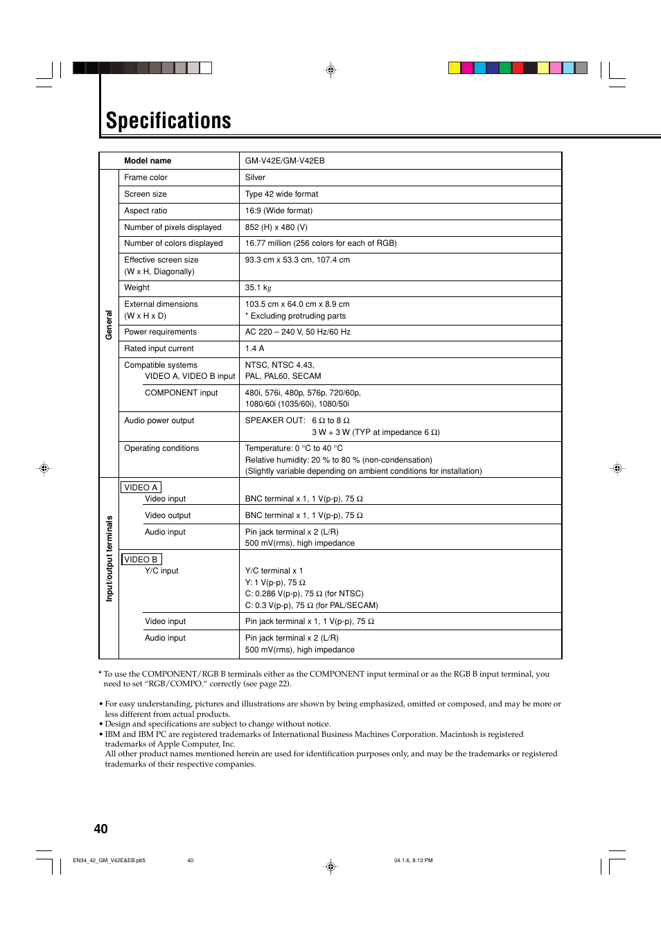 Specifications | JVC GM-V42EB User Manual | Page 41 / 44
