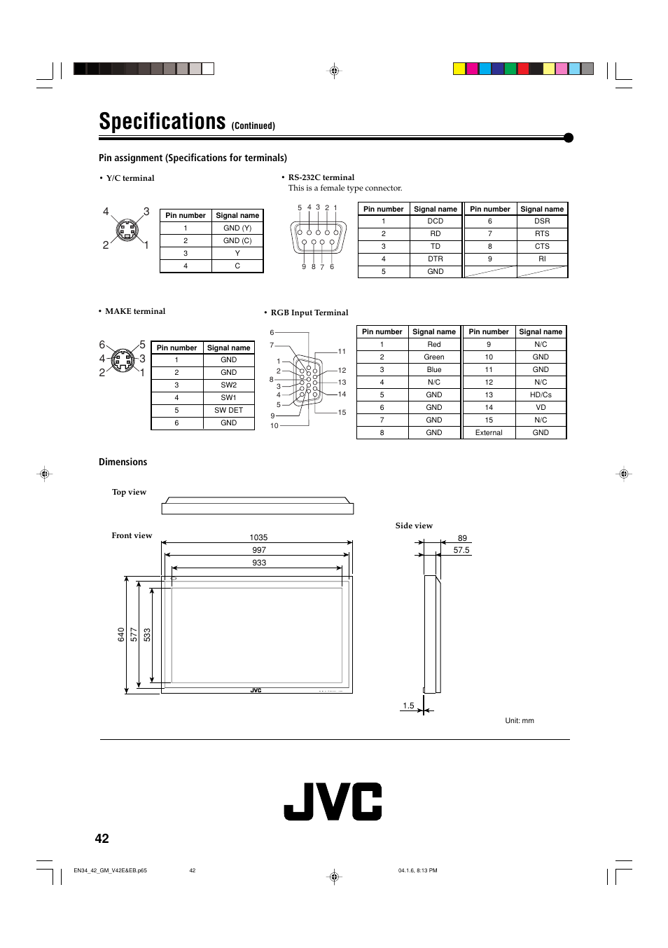 Specifications | JVC GM-V42EB User Manual | Page 43 / 44