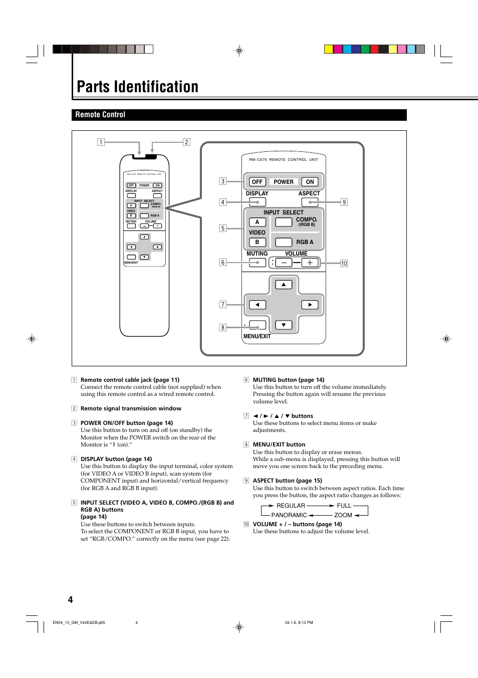Parts identification, Remote control | JVC GM-V42EB User Manual | Page 5 / 44
