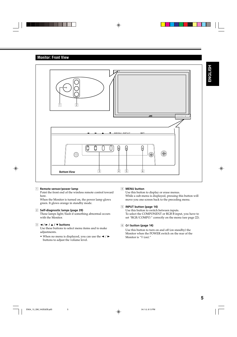 Monitor: front view, English monitor: front view | JVC GM-V42EB User Manual | Page 6 / 44